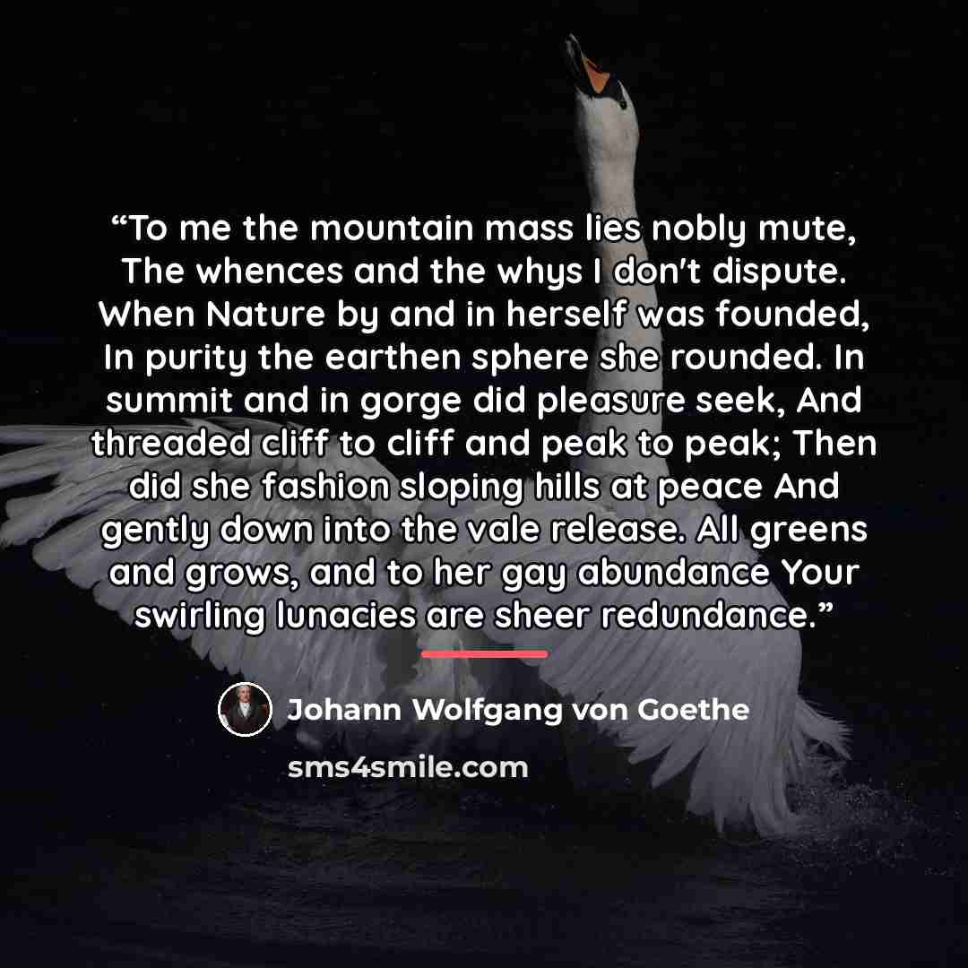 “To me the mountain mass lies nobly mute, The whences and the whys I don't dispute. When Nature by and in herself was founded, In purity the earthen sphere she rounded. In summit and in gorge did pleasure seek, And threaded cliff to cliff and peak to peak; Then did she fashion sloping hills at…” quote by Johann Wolfgang von Goethe