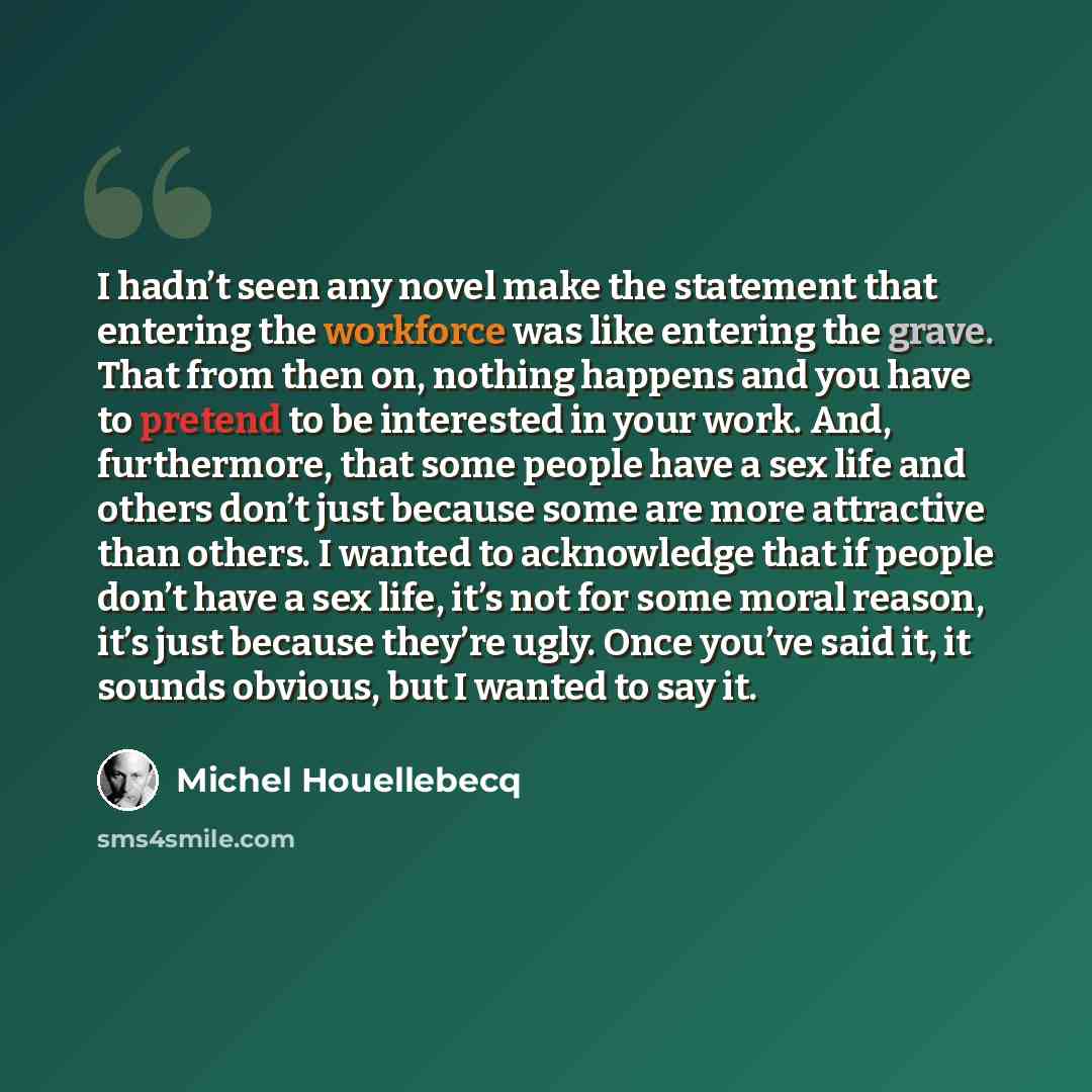“I hadn’t seen any novel make the statement that entering the workforce was like entering the grave. That from then on, nothing happens and you have to pretend to be interested in your work. And, furthermore, that some people have a sex life and others don’t just because some are more attractive…” quote by Michel Houellebecq
