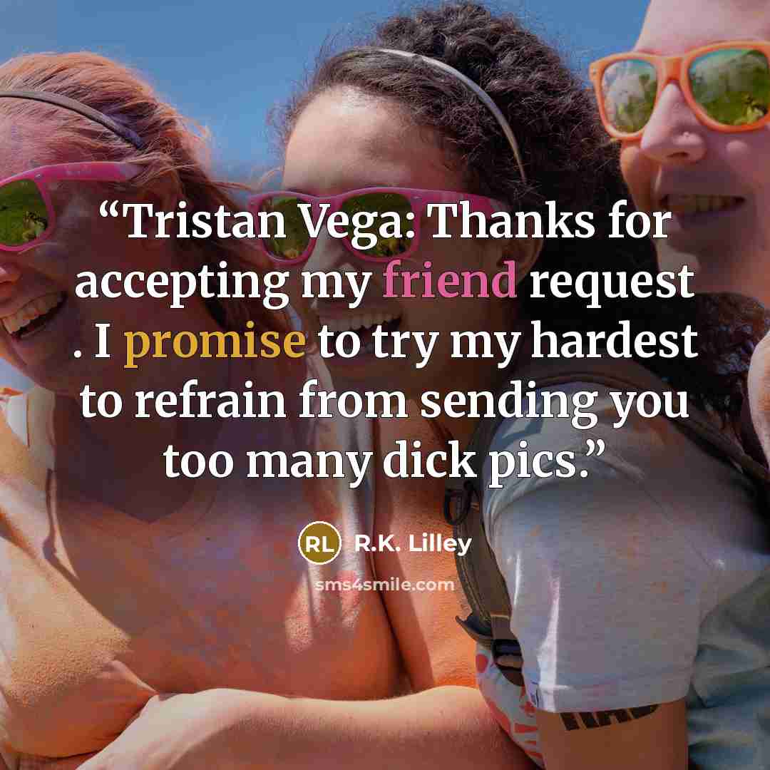 “Tristan Vega: Thanks for accepting my friend request . I promise to try my hardest to refrain from sending you too many dick pics.” quote by R.K. Lilley