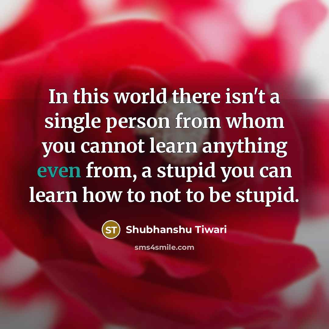 “In this world there isn't a single person from whom you cannot learn anything even from, a stupid you can learn how to not to be stupid.” quote by Shubhanshu Tiwari