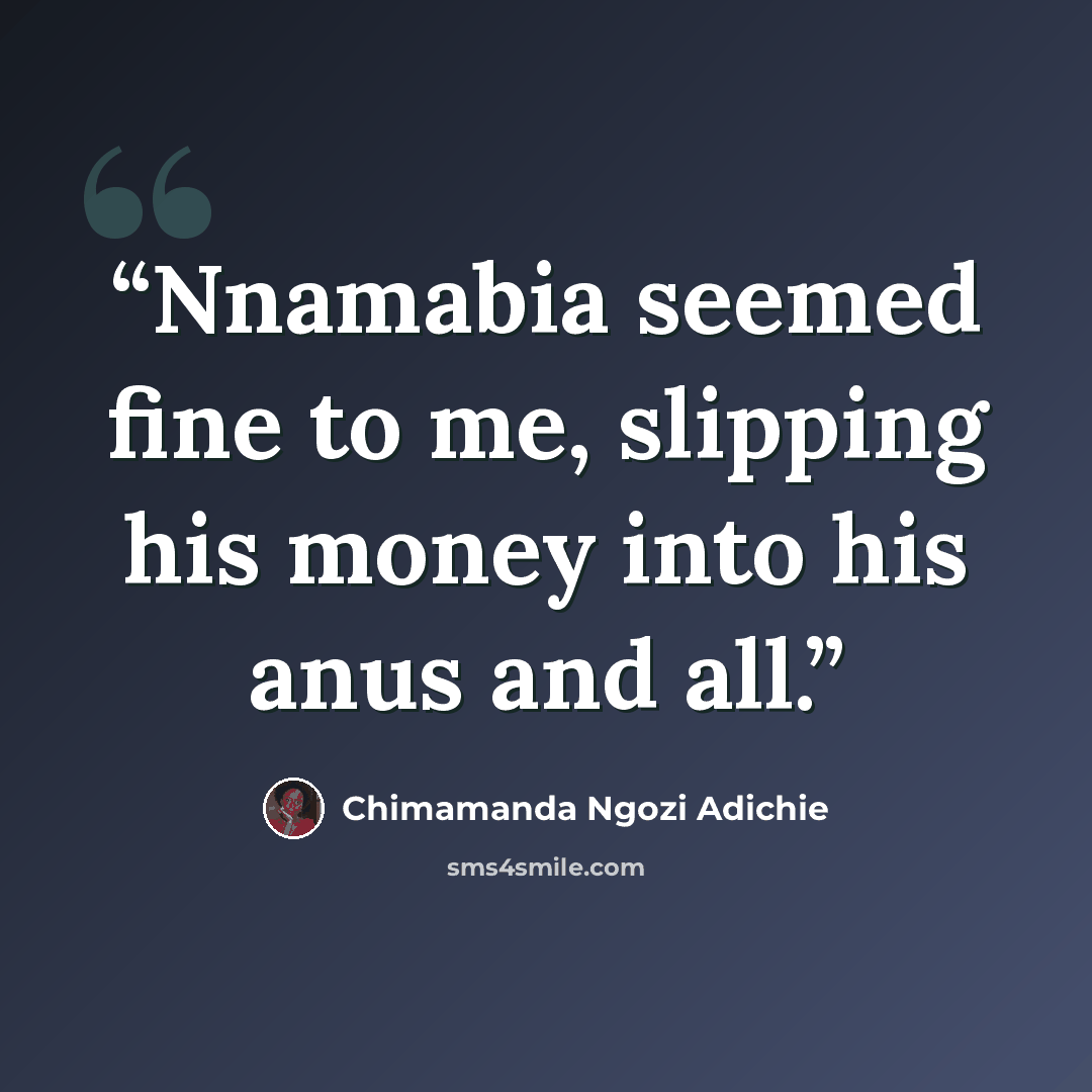 “Nnamabia seemed fine to me, slipping his money into his anus and all.” quote by Chimamanda Ngozi Adichie