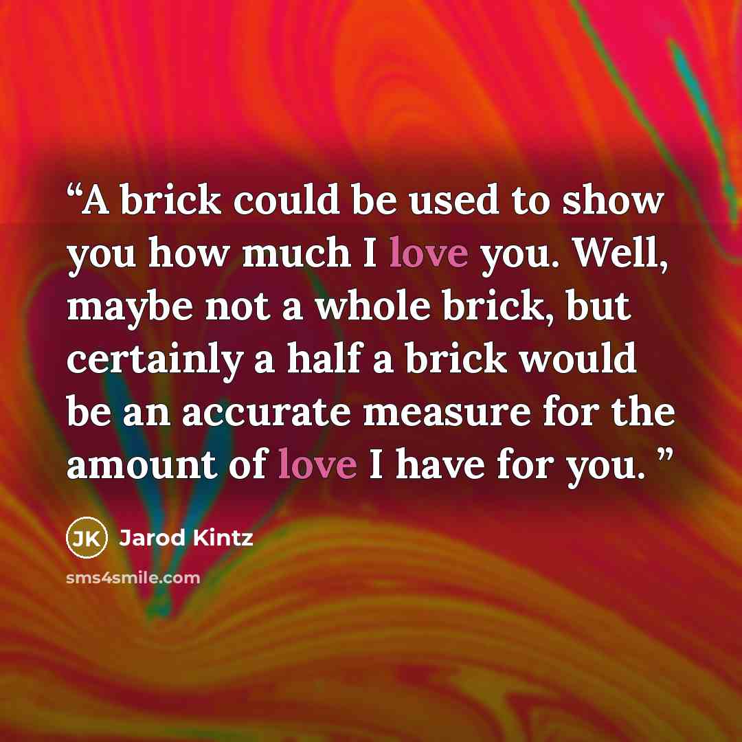 “A brick could be used to show you how much I love you. Well, maybe not a whole brick, but certainly a half a brick would be an accurate measure for the amount of love I have for you.” quote by Jarod Kintz