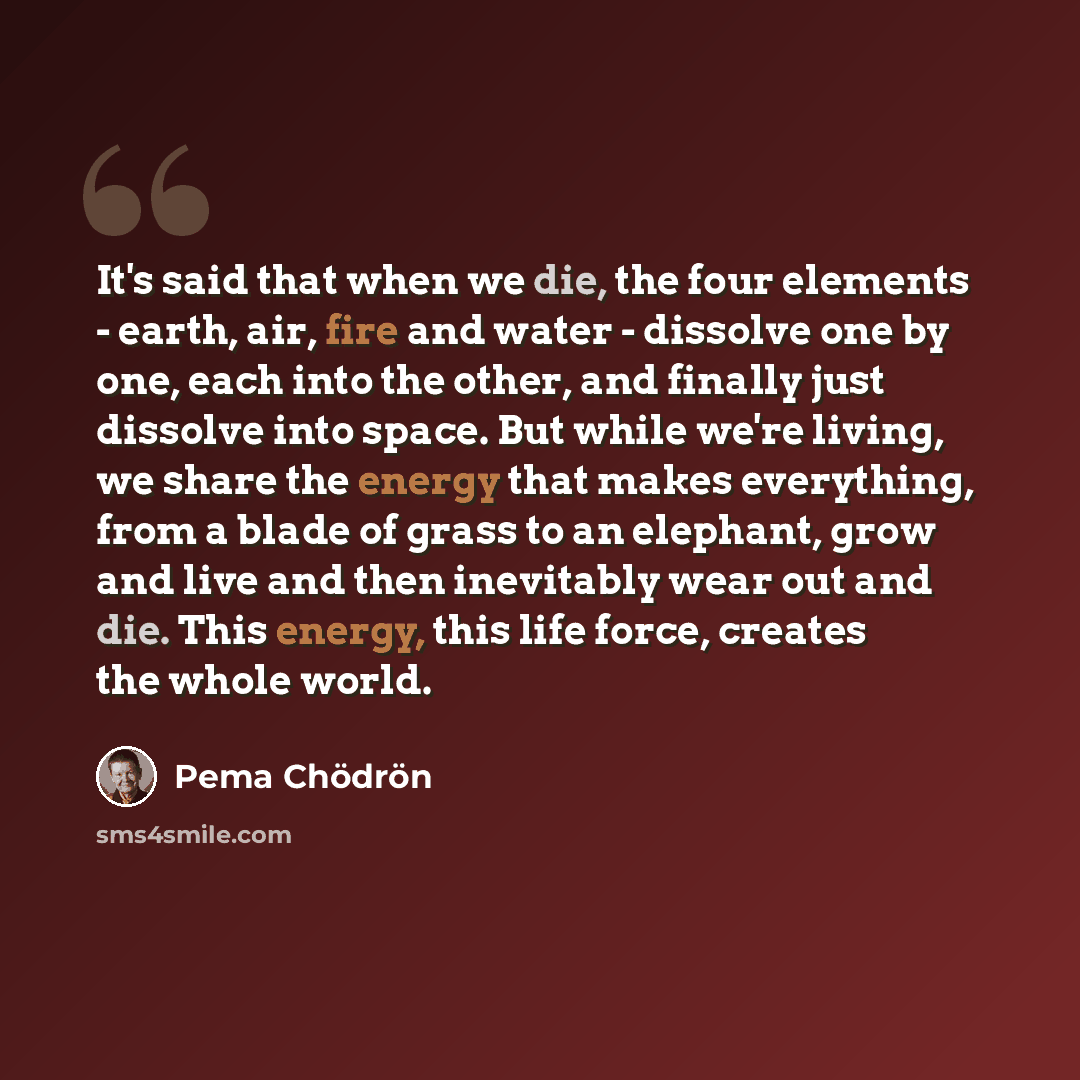 “It's said that when we die, the four elements - earth, air, fire and water - dissolve one by one, each into the other, and finally just dissolve into space. But while we're living, we share the energy that makes everything, from a blade of grass to an elephant, grow and live and then inevitably…” quote by Pema Chodron