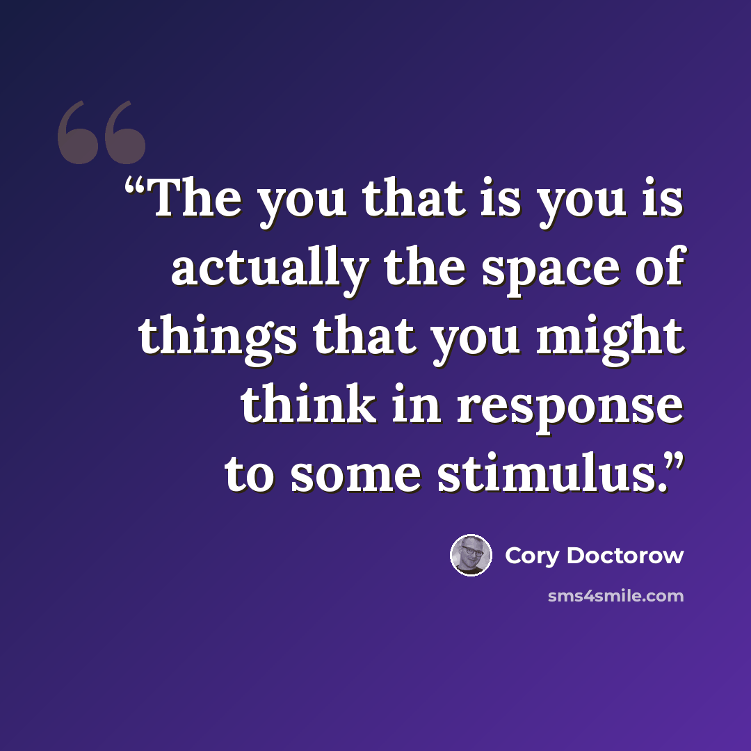 “The you that is you is actually the space of things that you might think in response to some stimulus.” quote by Cory Doctorow