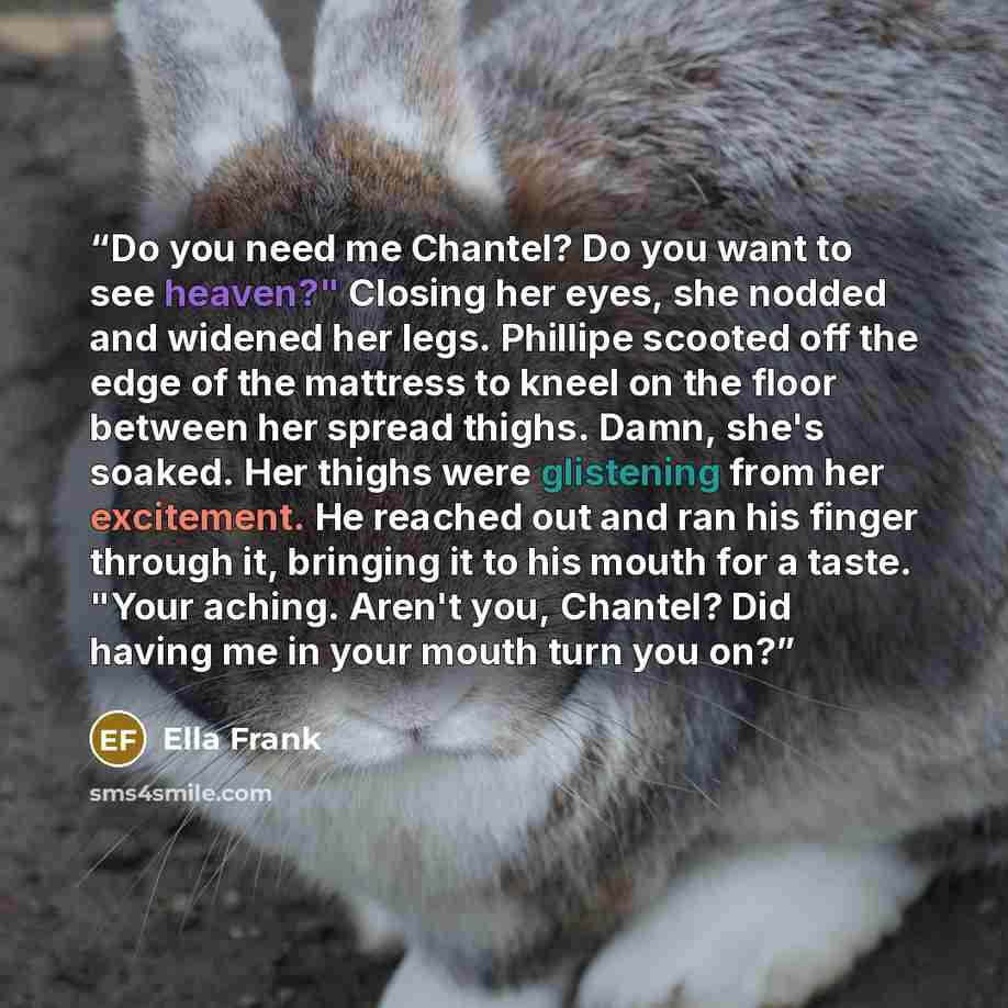“Do you need me Chantel? Do you want to see heaven?" Closing her eyes, she nodded and widened her legs. Phillipe scooted off the edge of the mattress to kneel on the floor between her spread thighs. Damn, she's soaked. Her thighs were glistening from her excitement. He reached out and ran his…” quote by Ella Frank