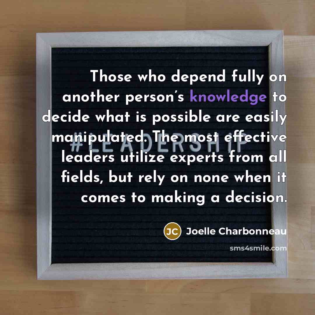 “Those who depend fully on another person’s knowledge to decide what is possible are easily manipulated. The most effective leaders utilize experts from all fields, but rely on none when it comes to making a decision.” quote by Joelle Charbonneau