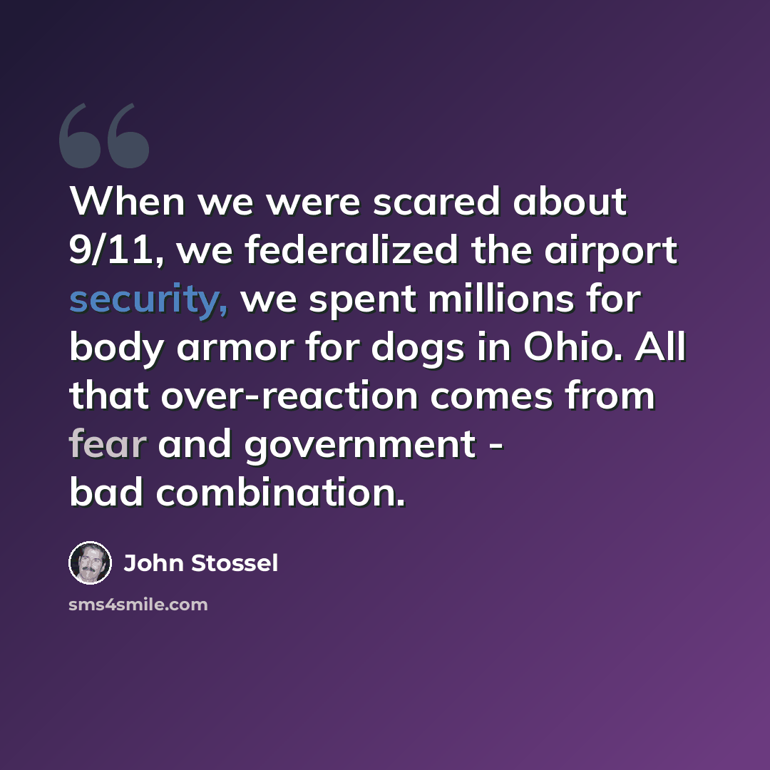 “When we were scared about 9/11, we federalized the airport security, we spent millions for body armor for dogs in Ohio. All that over-reaction comes from fear and government - bad combination.” quote by John Stossel