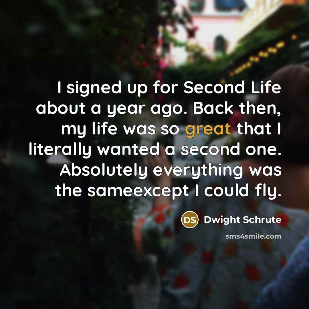 “I signed up for Second Life about a year ago. Back then, my life was so great that I literally wanted a second one. Absolutely everything was the sameexcept I could fly.” quote by Dwight Schrute