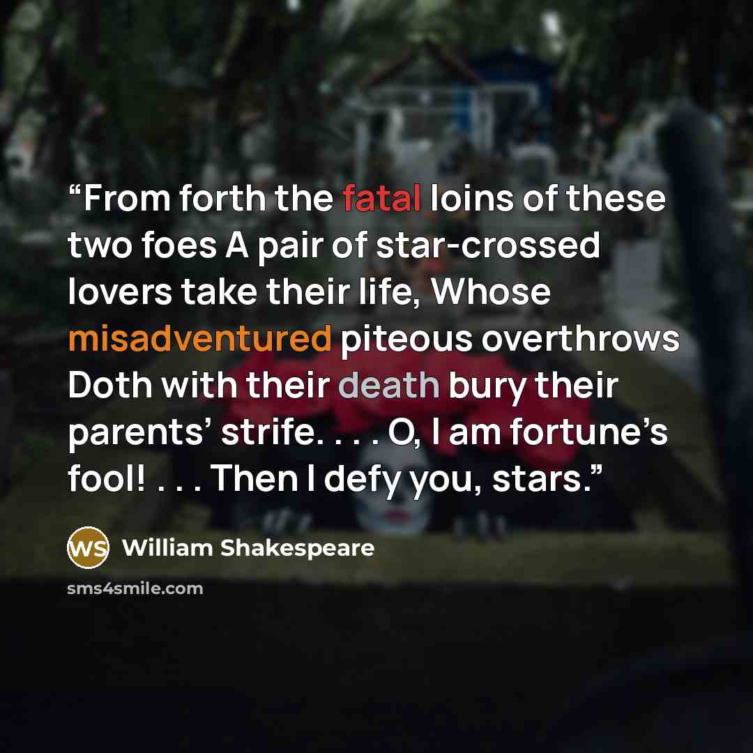 “From forth the fatal loins of these two foes A pair of star-crossed lovers take their life, Whose misadventured piteous overthrows Doth with their death bury their parents’ strife. . . . O, I am fortune’s fool! . . . Then I defy you, stars.” quote by William Shakespeare