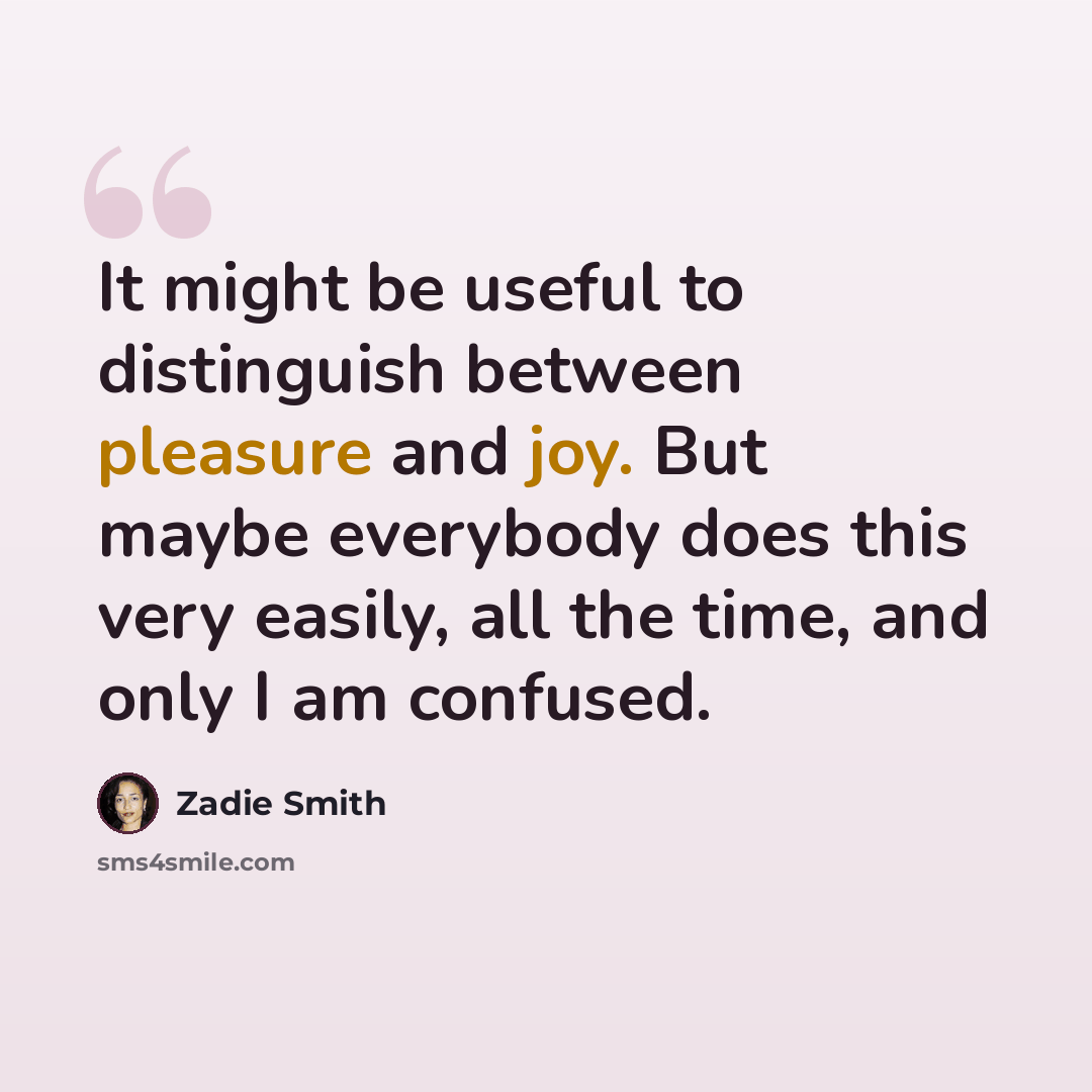 “It might be useful to distinguish between pleasure and joy. But maybe everybody does this very easily, all the time, and only I am confused.” quote by Zadie Smith