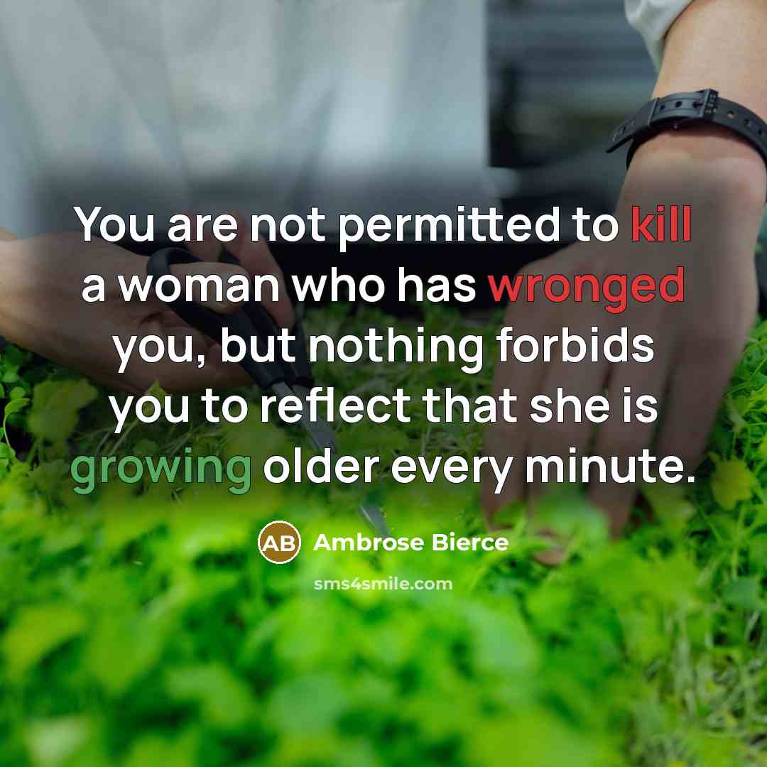 “You are not permitted to kill a woman who has wronged you, but nothing forbids you to reflect that she is growing older every minute.” quote by Ambrose Bierce