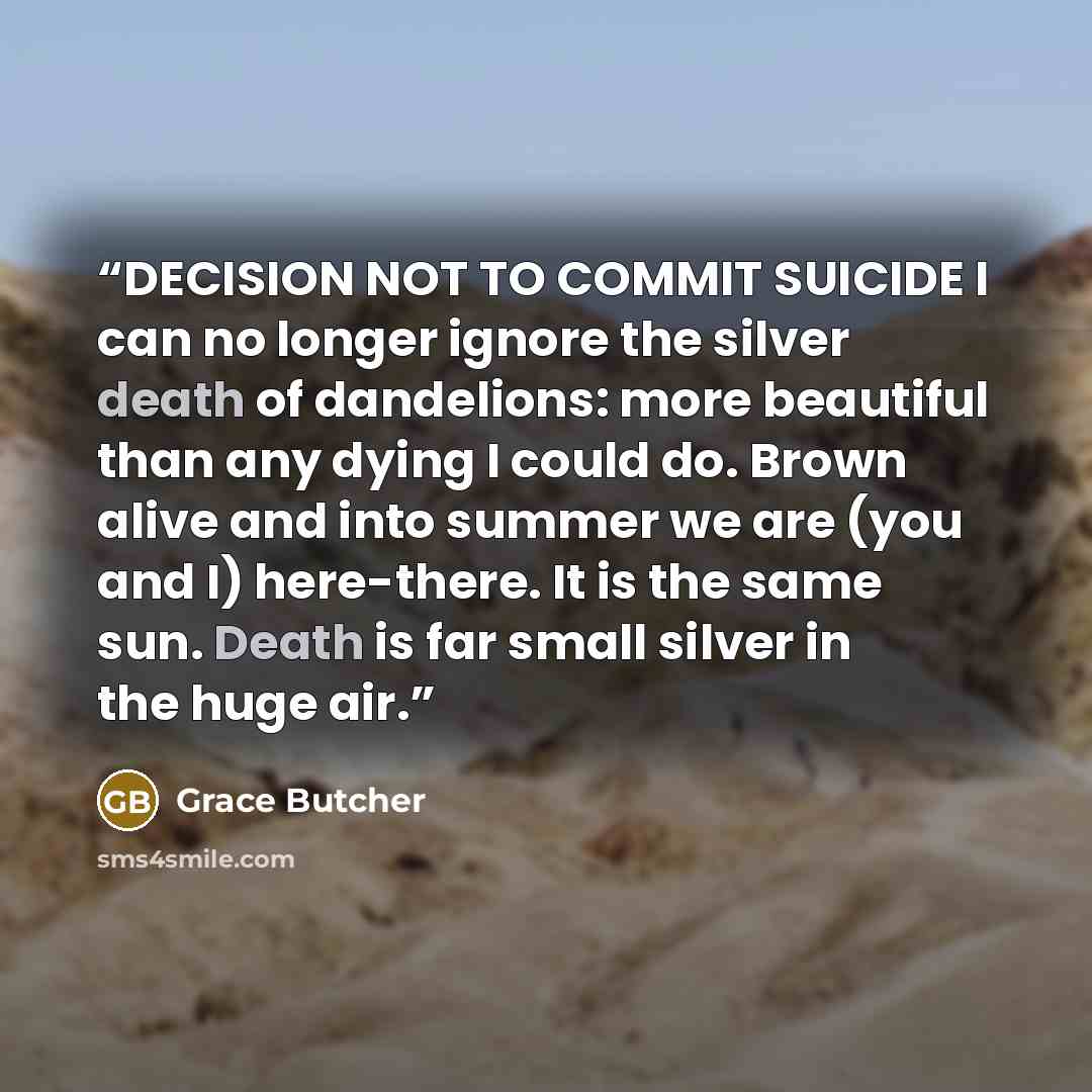 “DECISION NOT TO COMMIT SUICIDE I can no longer ignore the silver death of dandelions: more beautiful than any dying I could do. Brown alive and into summer we are (you and I) here-there. It is the same sun. Death is far small silver in the huge air.” quote by Grace Butcher