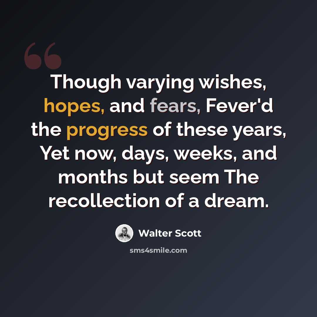 “Though varying wishes, hopes, and fears, Fever'd the progress of these years, Yet now, days, weeks, and months but seem The recollection of a dream.” quote by Walter Scott