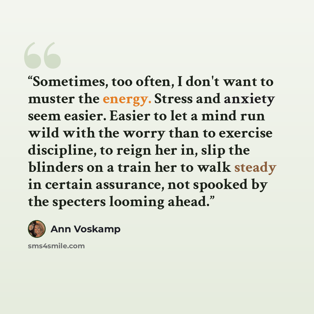 “Sometimes, too often, I don't want to muster the energy. Stress and anxiety seem easier. Easier to let a mind run wild with the worry than to exercise discipline, to reign her in, slip the blinders on a train her to walk steady in certain assurance, not spooked by the specters looming ahead.” quote by Ann Voskamp