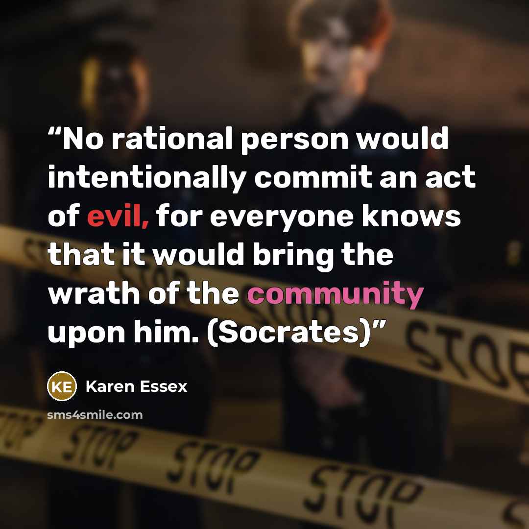 “No rational person would intentionally commit an act of evil, for everyone knows that it would bring the wrath of the community upon him. (Socrates)” quote by Karen Essex