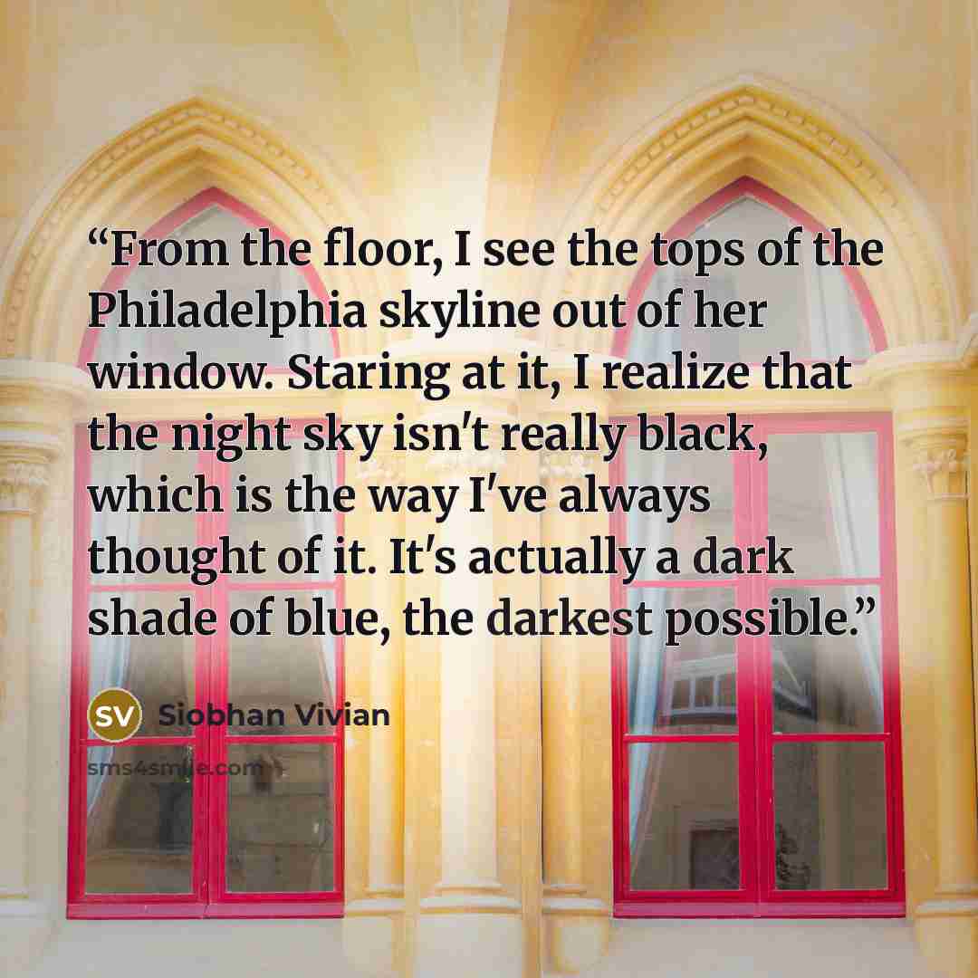 “From the floor, I see the tops of the Philadelphia skyline out of her window. Staring at it, I realize that the night sky isn't really black, which is the way I've always thought of it. It's actually a dark shade of blue, the darkest possible.” quote by Siobhan Vivian