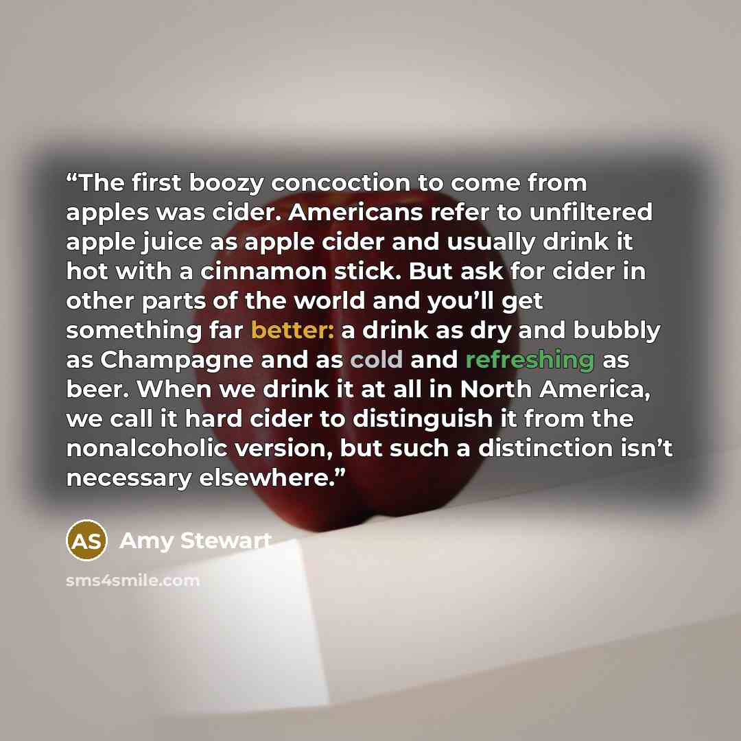 “The first boozy concoction to come from apples was cider. Americans refer to unfiltered apple juice as apple cider and usually drink it hot with a cinnamon stick. But ask for cider in other parts of the world and you’ll get something far better: a drink as dry and bubbly as Champagne and as cold…” quote by Amy Stewart