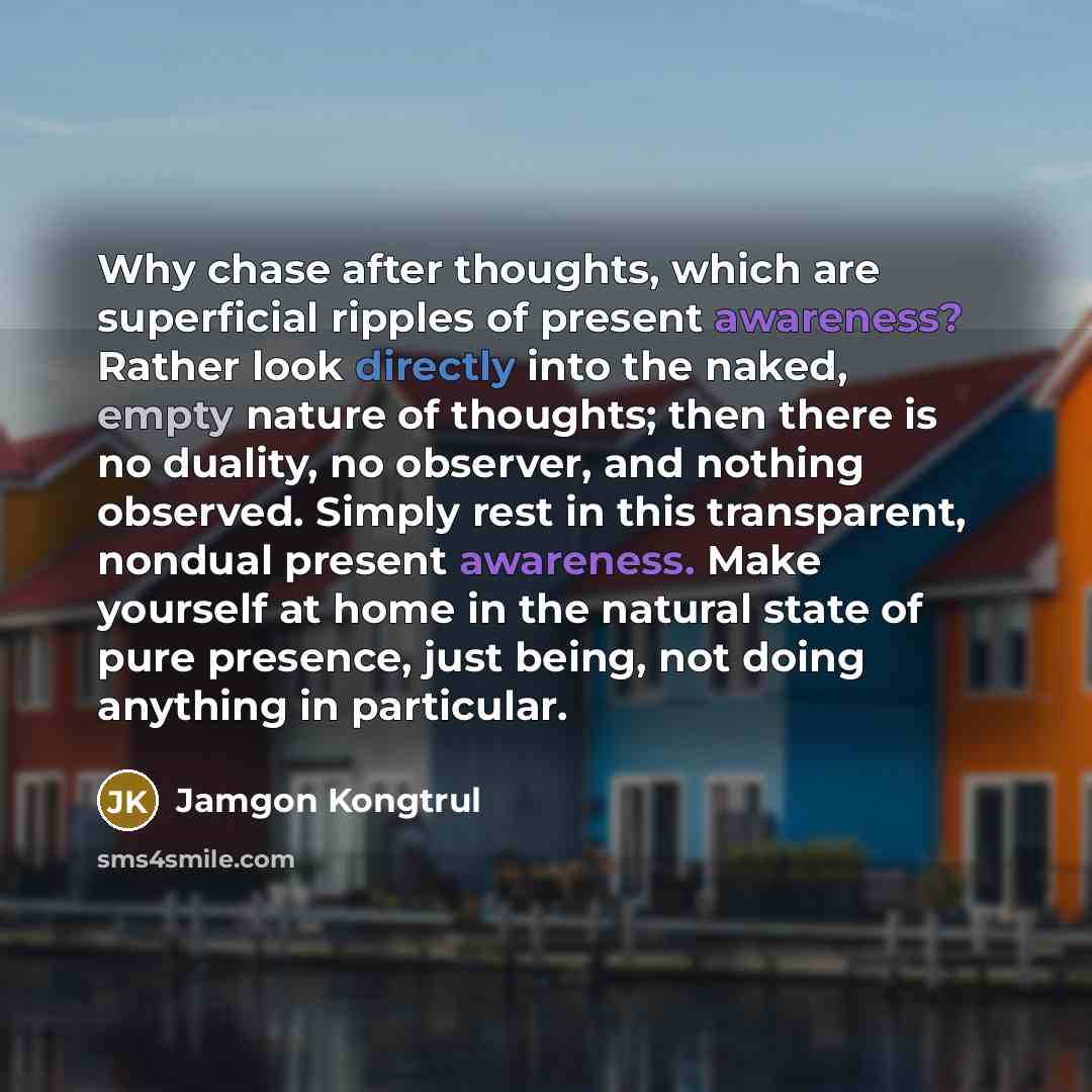 “Why chase after thoughts, which are superficial ripples of present awareness? Rather look directly into the naked, empty nature of thoughts; then there is no duality, no observer, and nothing observed. Simply rest in this transparent, nondual present awareness. Make yourself at home in the natural…” quote by Jamgon Kongtrul