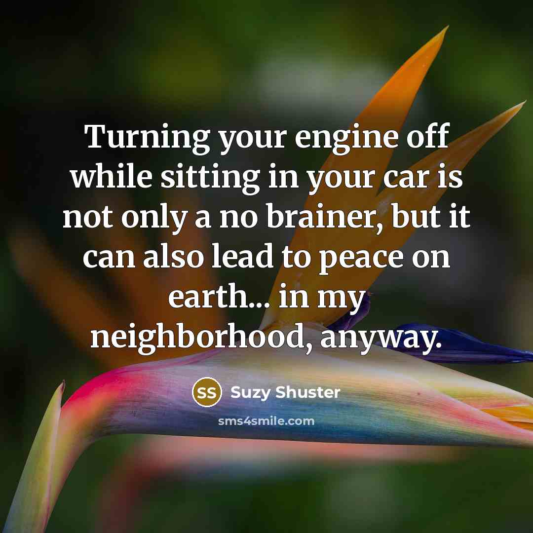 “Turning your engine off while sitting in your car is not only a no brainer, but it can also lead to peace on earth... in my neighborhood, anyway.” quote by Suzy Shuster