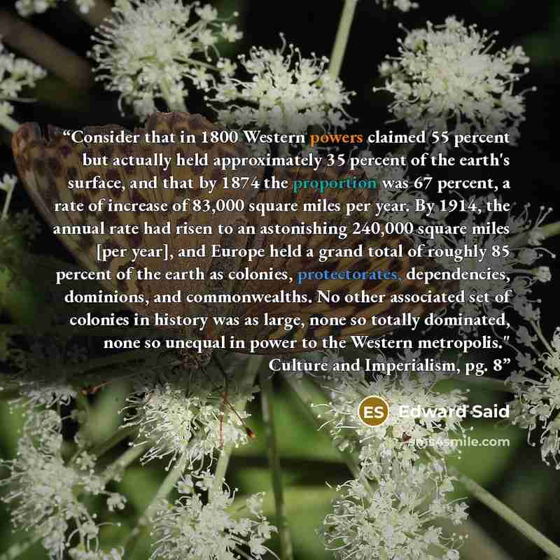 “Consider that in 1800 Western powers claimed 55 percent but actually held approximately 35 percent of the earth's surface, and that by 1874 the proportion was 67 percent, a rate of increase of 83,000 square miles per year. By 1914, the annual rate had risen to an astonishing 240,000 square miles…” quote by Edward Said
