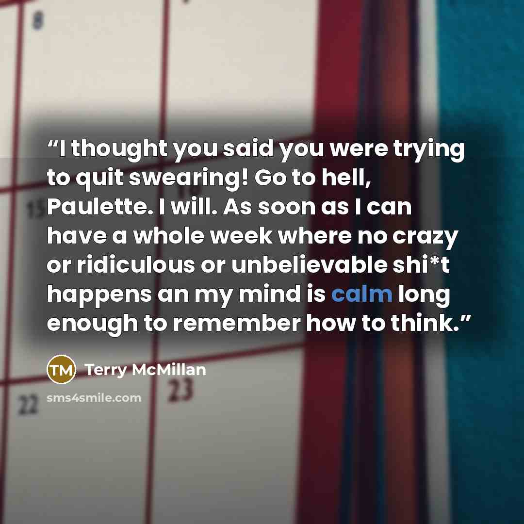 “I thought you said you were trying to quit swearing! Go to hell, Paulette. I will. As soon as I can have a whole week where no crazy or ridiculous or unbelievable shi*t happens an my mind is calm long enough to remember how to think.” quote by Terry McMillan