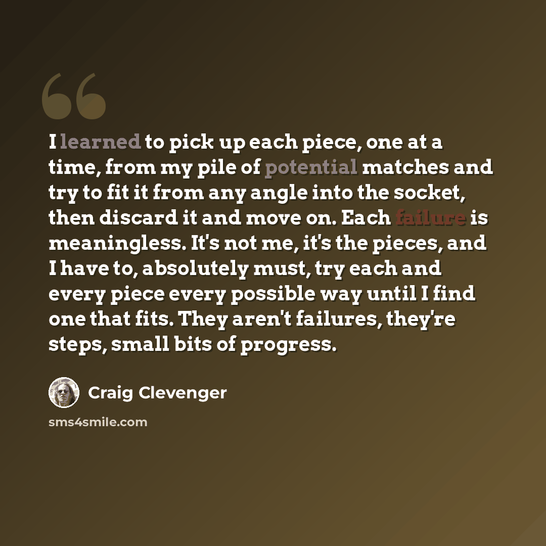 “I learned to pick up each piece, one at a time, from my pile of potential matches and try to fit it from any angle into the socket, then discard it and move on. Each failure is meaningless. It's not me, it's the pieces, and I have to, absolutely must, try each and every piece every possible way…” quote by Craig Clevenger