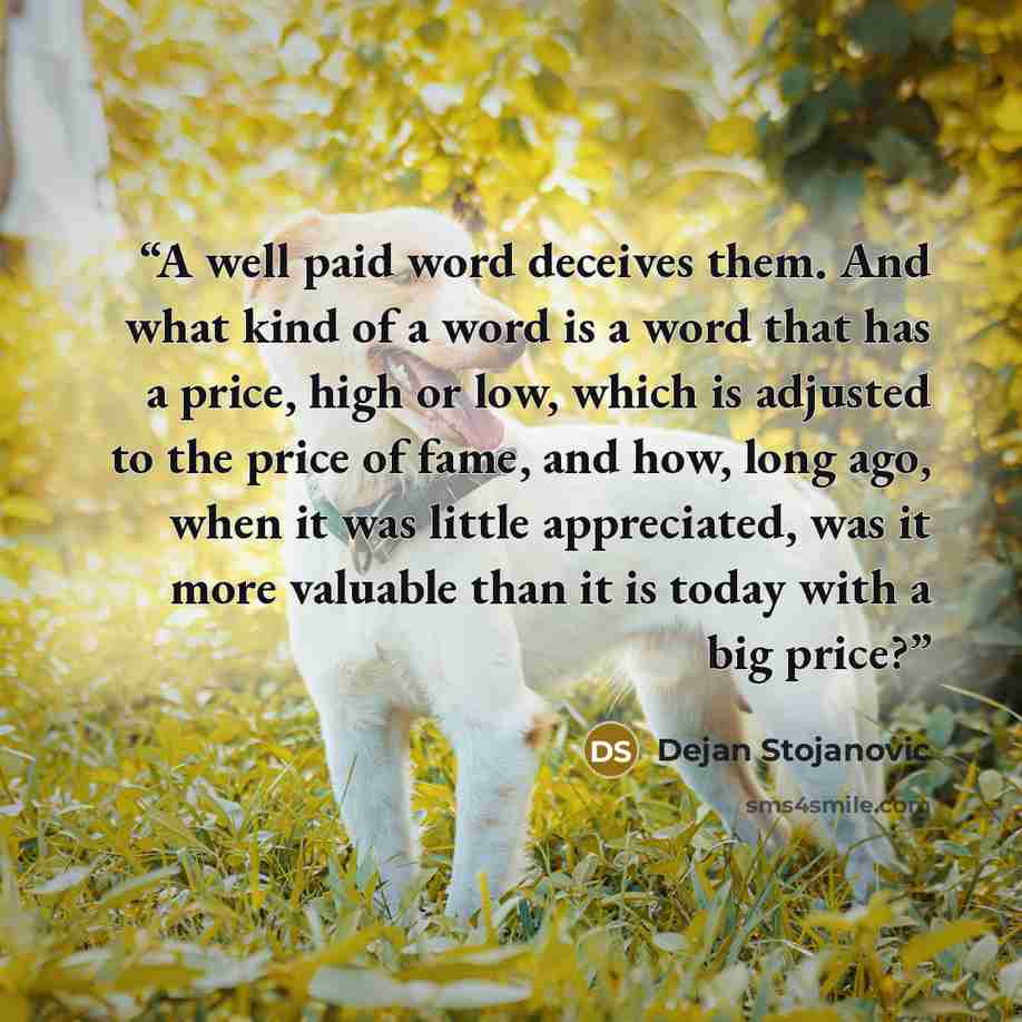 “A well paid word deceives them. And what kind of a word is a word that has a price, high or low, which is adjusted to the price of fame, and how, long ago, when it was little appreciated, was it more valuable than it is today with a big price?” quote by Dejan Stojanovic