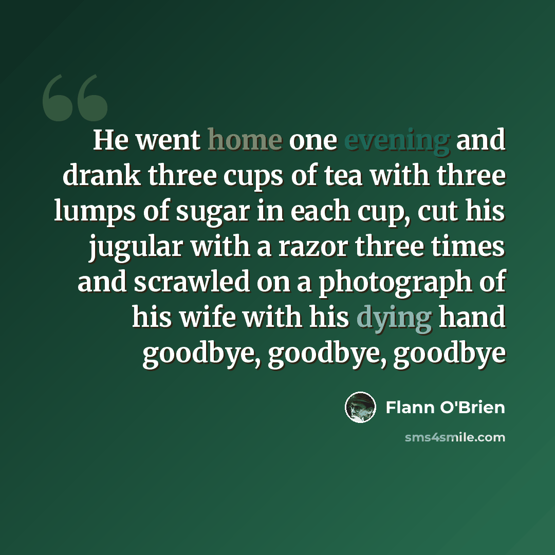 “He went home one evening and drank three cups of tea with three lumps of sugar in each cup, cut his jugular with a razor three times and scrawled on a photograph of his wife with his dying hand goodbye, goodbye, goodbye” quote by Flann O'Brien