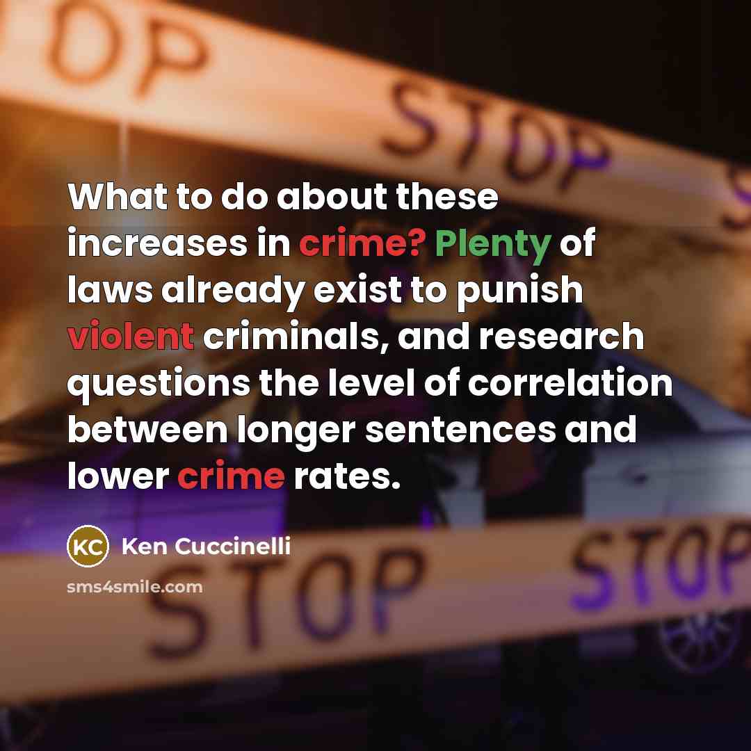 “What to do about these increases in crime? Plenty of laws already exist to punish violent criminals, and research questions the level of correlation between longer sentences and lower crime rates.” quote by Ken Cuccinelli