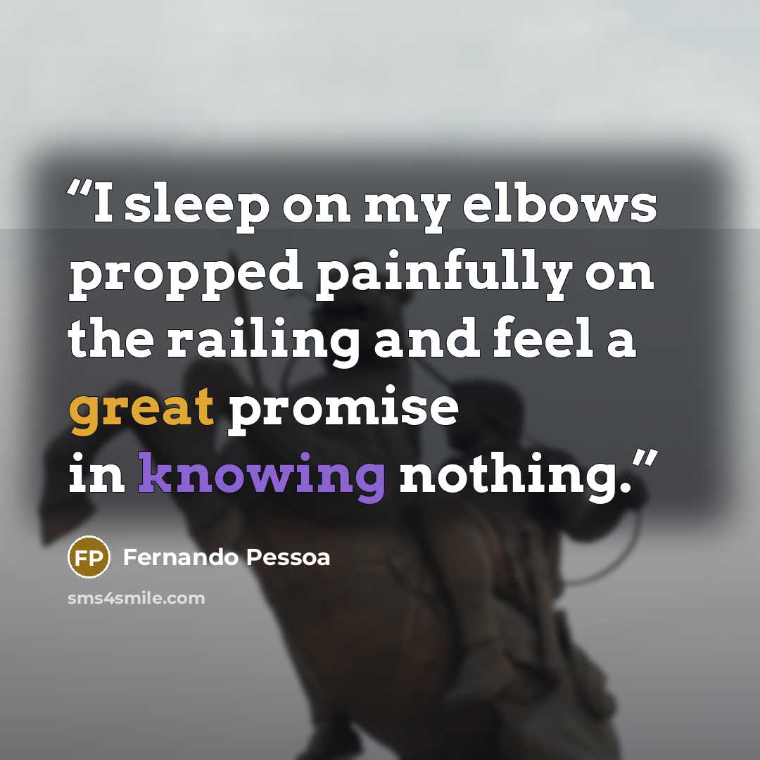 “I sleep on my elbows propped painfully on the railing and feel a great promise in knowing nothing.” quote by Fernando Pessoa