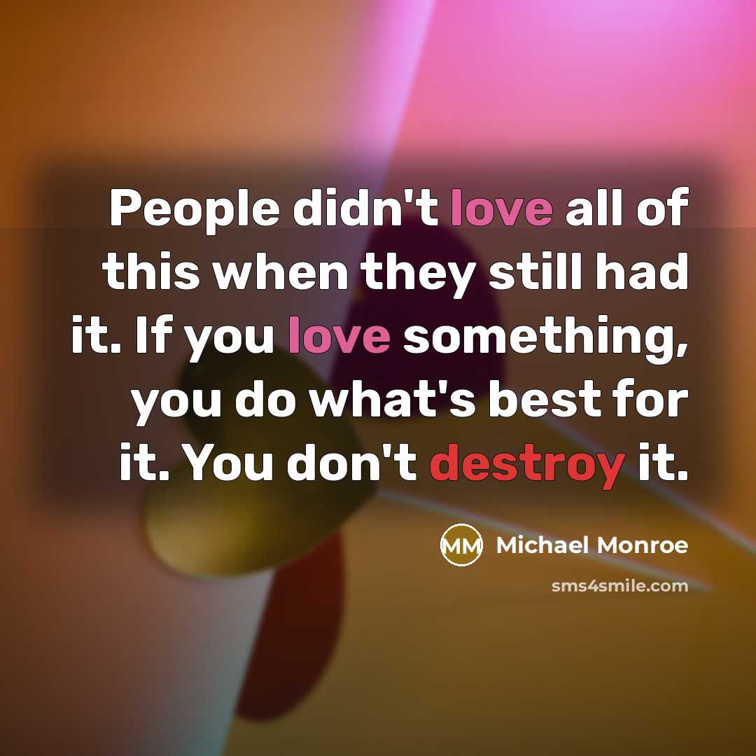 “People didn't love all of this when they still had it. If you love something, you do what's best for it. You don't destroy it.” quote by Michael Monroe