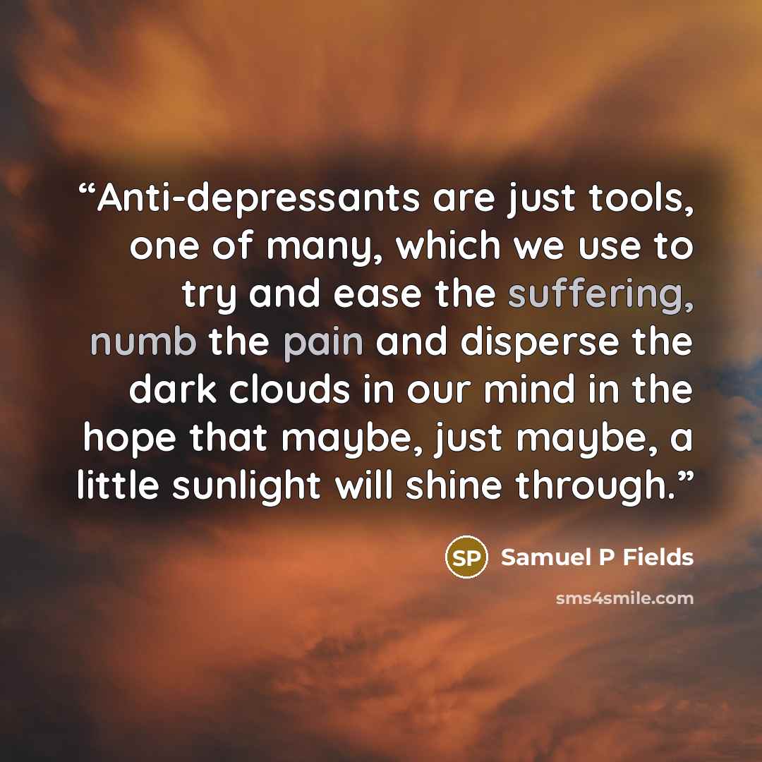 “Anti-depressants are just tools, one of many, which we use to try and ease the suffering, numb the pain and disperse the dark clouds in our mind in the hope that maybe, just maybe, a little sunlight will shine through.” quote by Samuel P Fields