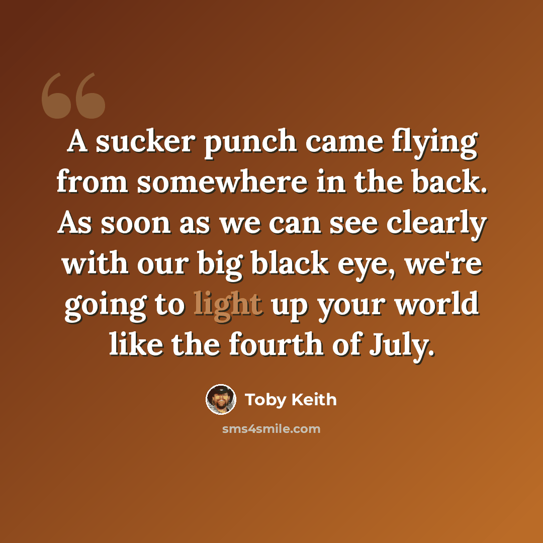 “A sucker punch came flying from somewhere in the back. As soon as we can see clearly with our big black eye, we're going to light up your world like the fourth of July.” quote by Toby Keith