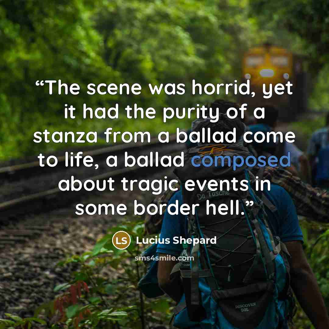 “The scene was horrid, yet it had the purity of a stanza from a ballad come to life, a ballad composed about tragic events in some border hell.” quote by Lucius Shepard