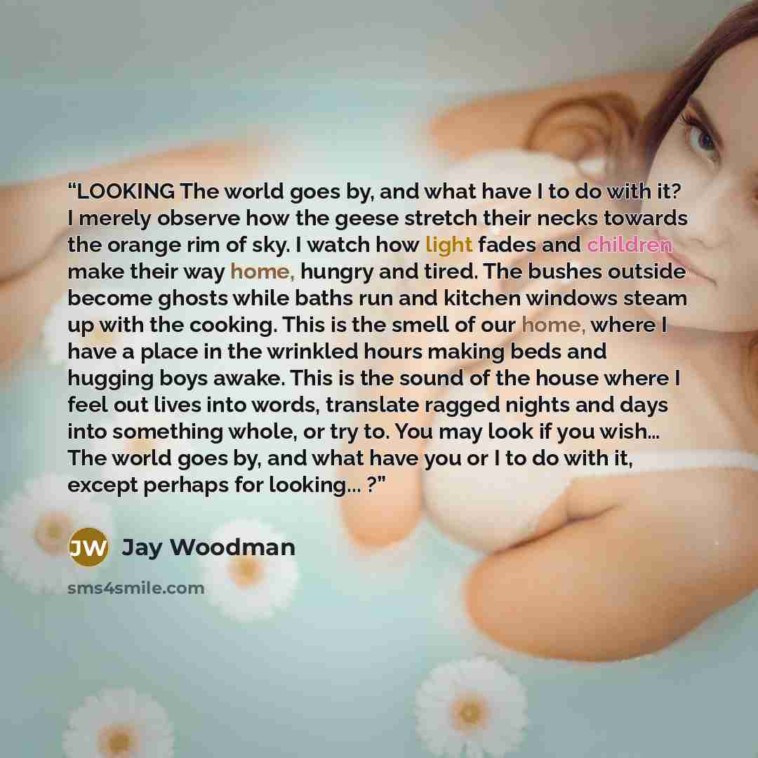 “LOOKING The world goes by, and what have I to do with it? I merely observe how the geese stretch their necks towards the orange rim of sky. I watch how light fades and children make their way home, hungry and tired. The bushes outside become ghosts while baths run and kitchen windows steam up with…” quote by Jay Woodman