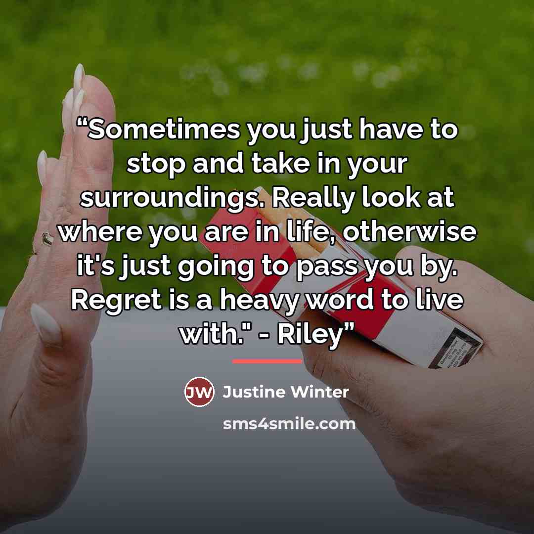 “Sometimes you just have to stop and take in your surroundings. Really look at where you are in life, otherwise it's just going to pass you by. Regret is a heavy word to live with." - Riley” quote by Justine Winter
