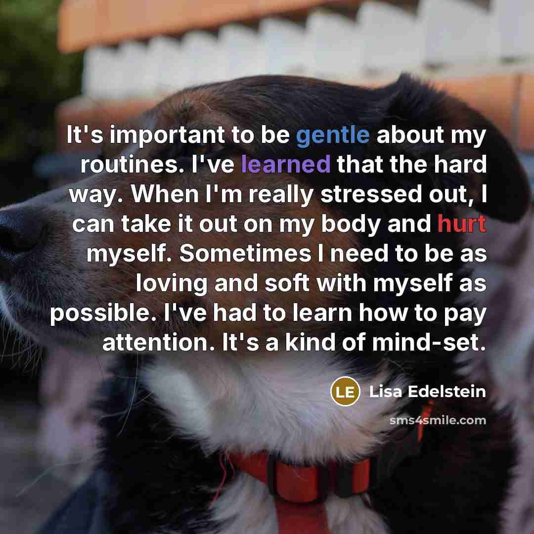 “It's important to be gentle about my routines. I've learned that the hard way. When I'm really stressed out, I can take it out on my body and hurt myself. Sometimes I need to be as loving and soft with myself as possible. I've had to learn how to pay attention. It's a kind of mind-set.” quote by Lisa Edelstein