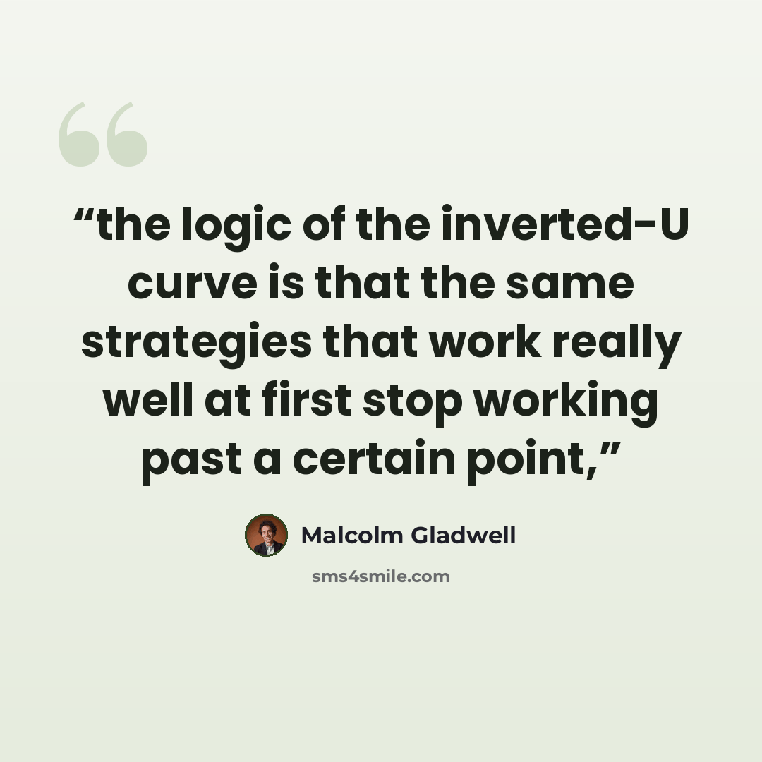 “the logic of the inverted-U curve is that the same strategies that work really well at first stop working past a certain point,” quote by Malcolm Gladwell