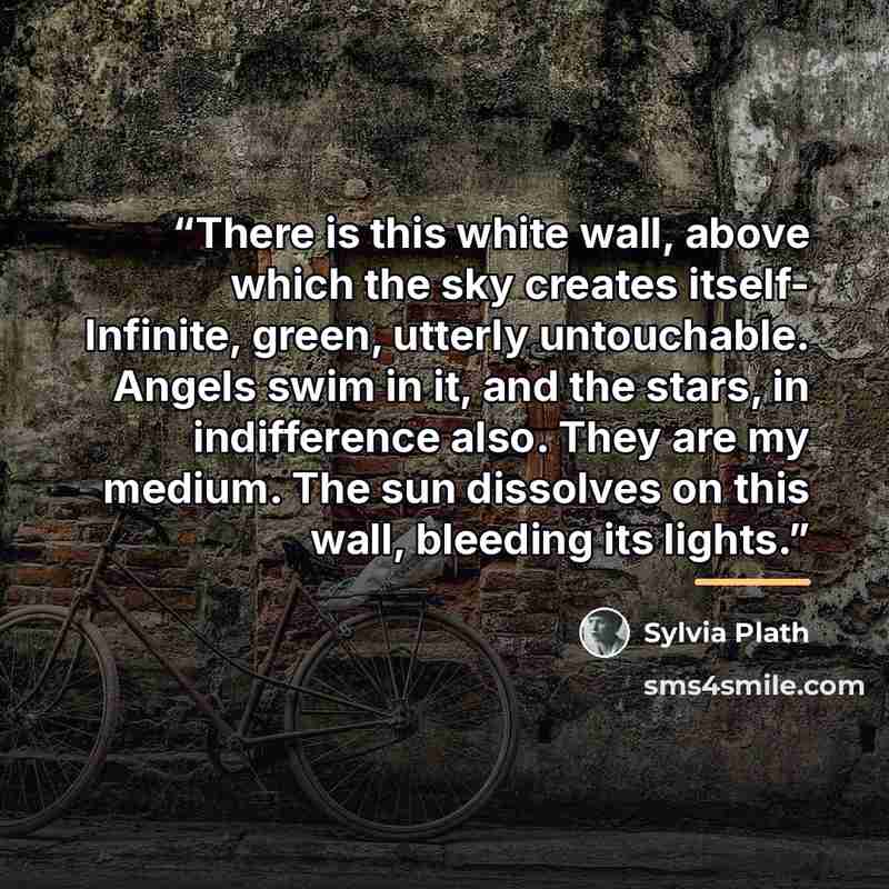 “There is this white wall, above which the sky creates itself- Infinite, green, utterly untouchable. Angels swim in it, and the stars, in indifference also. They are my medium. The sun dissolves on this wall, bleeding its lights.” quote by Sylvia Plath