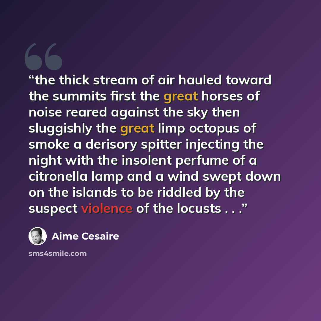 “the thick stream of air hauled toward the summits first the great horses of noise reared against the sky then sluggishly the great limp octopus of smoke a derisory spitter injecting the night with the insolent perfume of a citronella lamp and a wind swept down on the islands to be riddled by the…” quote by Aimé Césaire