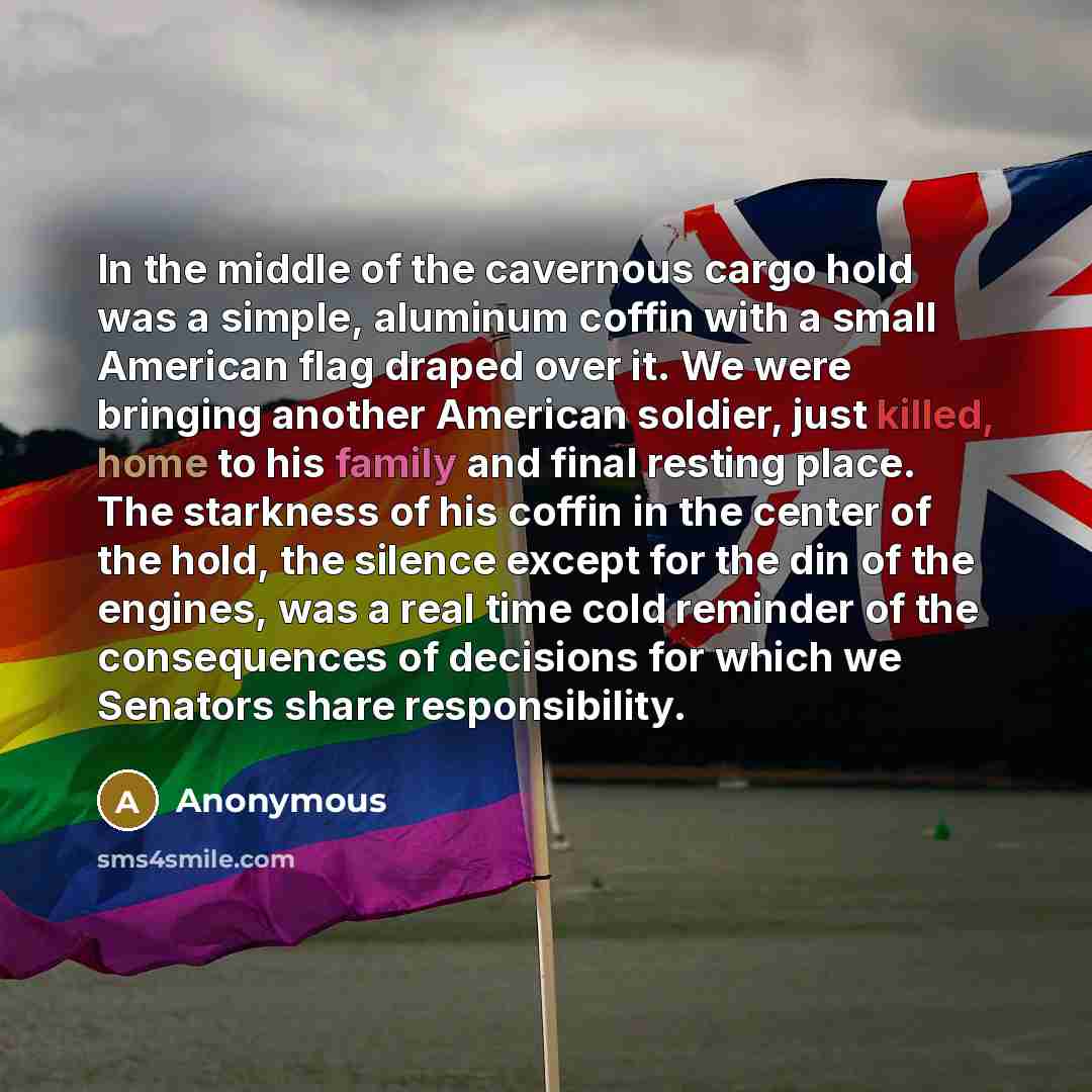 “In the middle of the cavernous cargo hold was a simple, aluminum coffin with a small American flag draped over it. We were bringing another American soldier, just killed, home to his family and final resting place. The starkness of his coffin in the center of the hold, the silence except for the…” quote by Anonymous