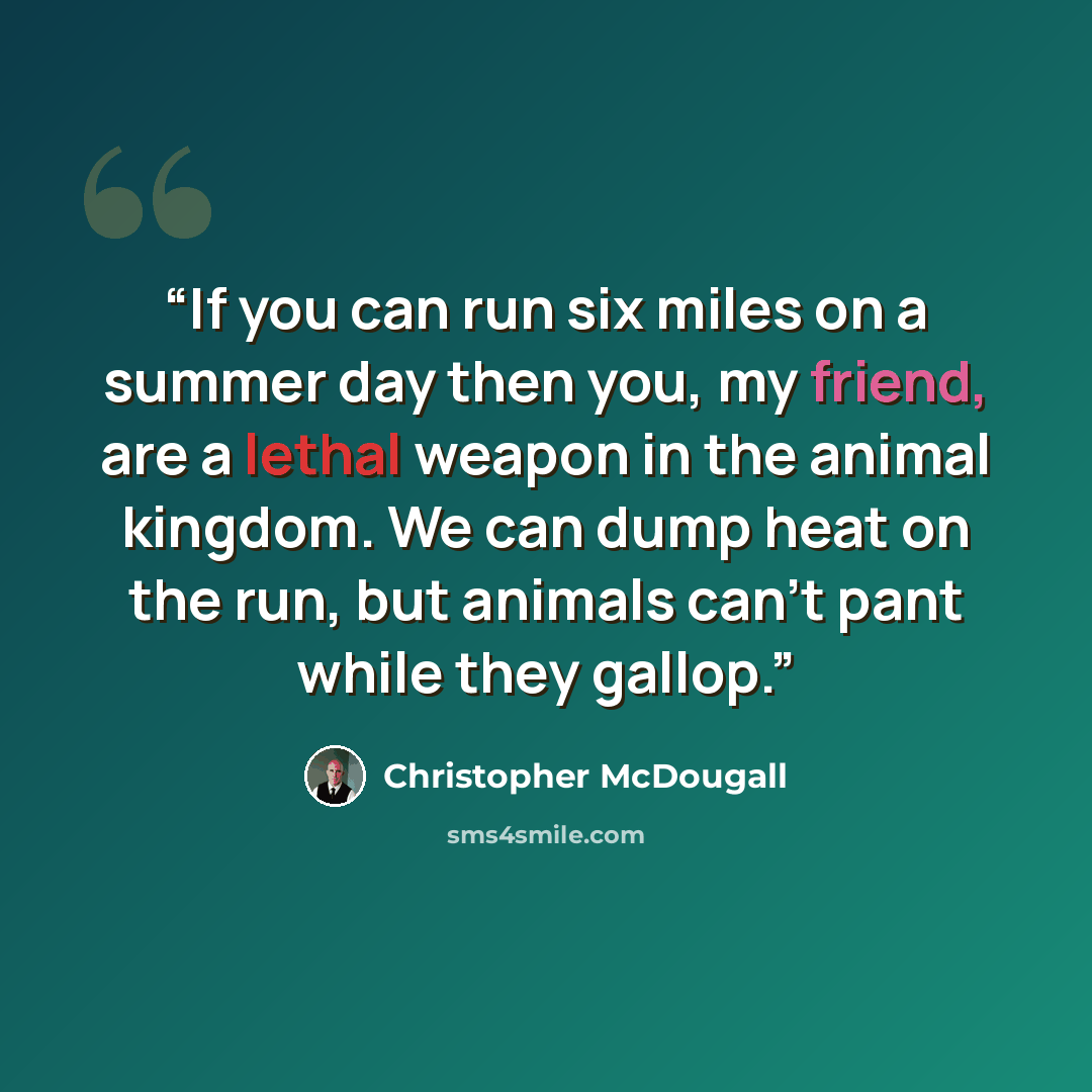 “If you can run six miles on a summer day then you, my friend, are a lethal weapon in the animal kingdom. We can dump heat on the run, but animals can't pant while they gallop.” quote by Christopher McDougall