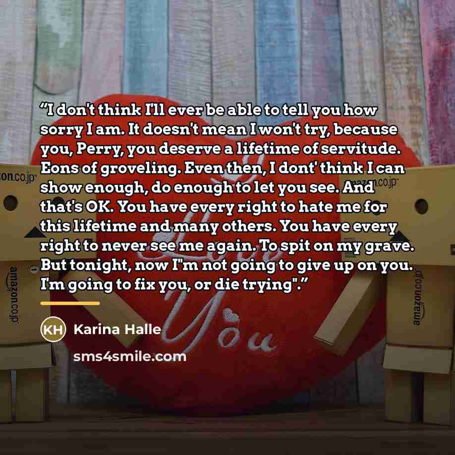 “I don't think I'll ever be able to tell you how sorry I am. It doesn't mean I won't try, because you, Perry, you deserve a lifetime of servitude. Eons of groveling. Even then, I dont' think I can show enough, do enough to let you see. And that's OK. You have every right to hate me for this…” quote by Karina Halle