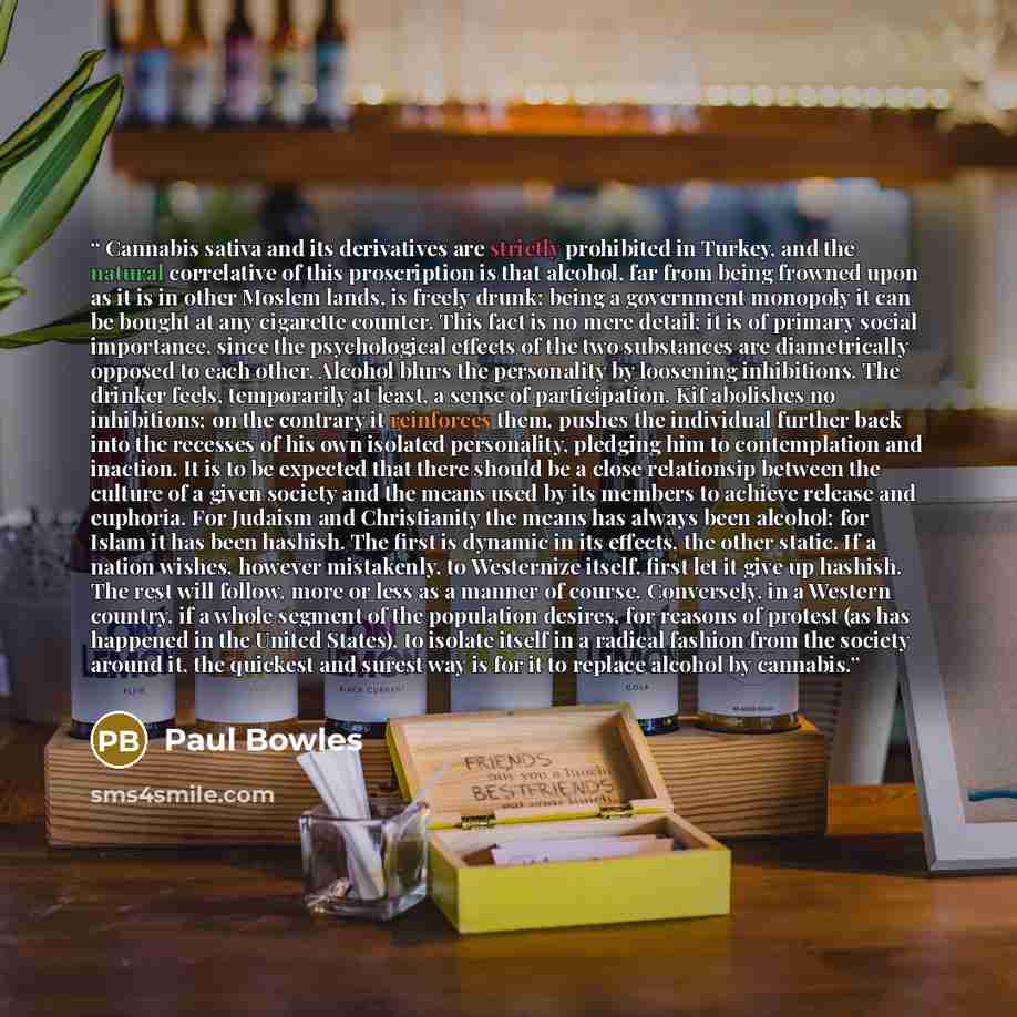 “Cannabis sativa and its derivatives are strictly prohibited in Turkey, and the natural correlative of this proscription is that alcohol, far from being frowned upon as it is in other Moslem lands, is freely drunk; being a government monopoly it can be bought at any cigarette counter. This fact is…” quote by Paul Bowles