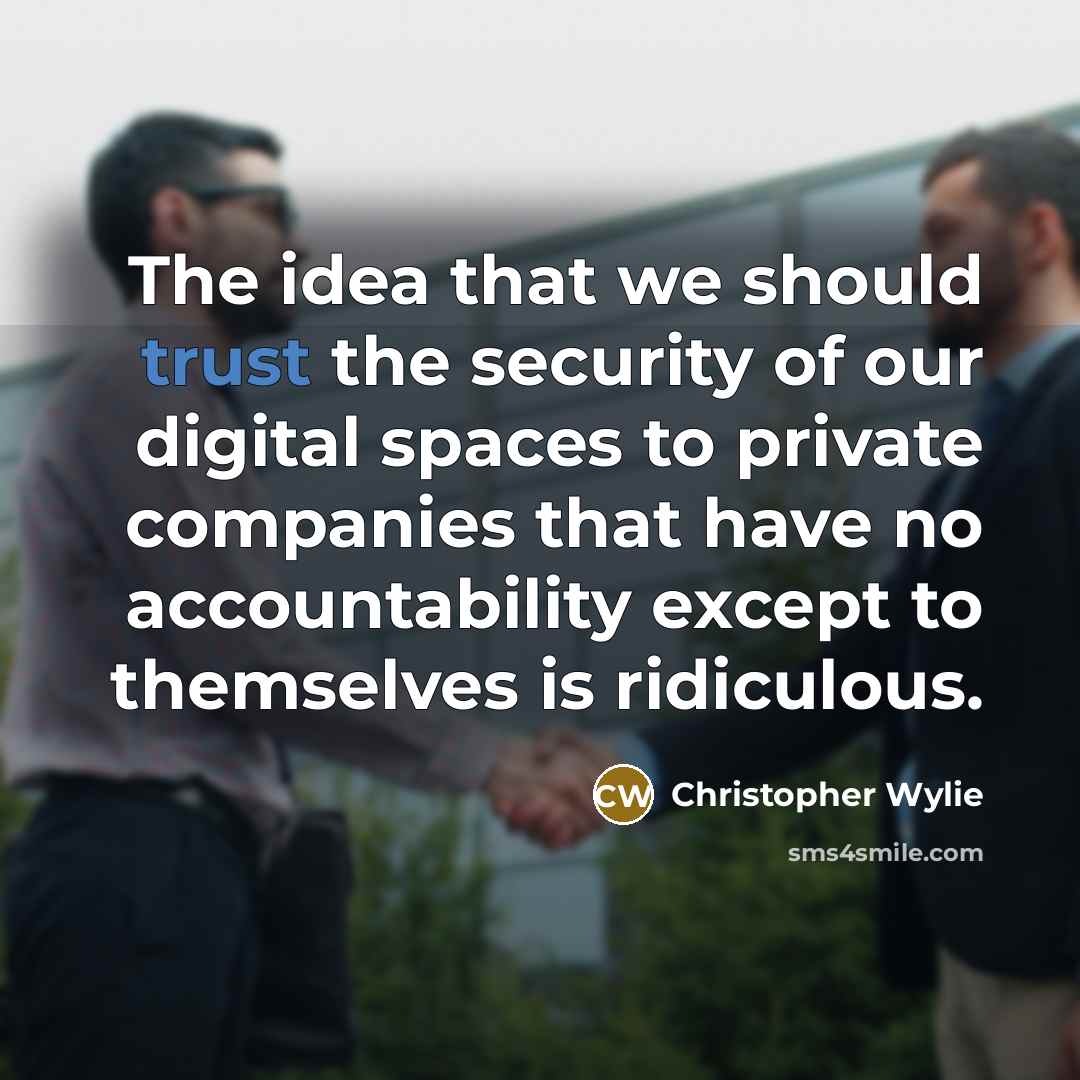 “The idea that we should trust the security of our digital spaces to private companies that have no accountability except to themselves is ridiculous.” quote by Christopher Wylie