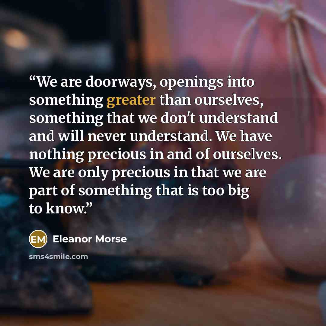 “We are doorways, openings into something greater than ourselves, something that we don't understand and will never understand. We have nothing precious in and of ourselves. We are only precious in that we are part of something that is too big to know.” quote by Eleanor Morse
