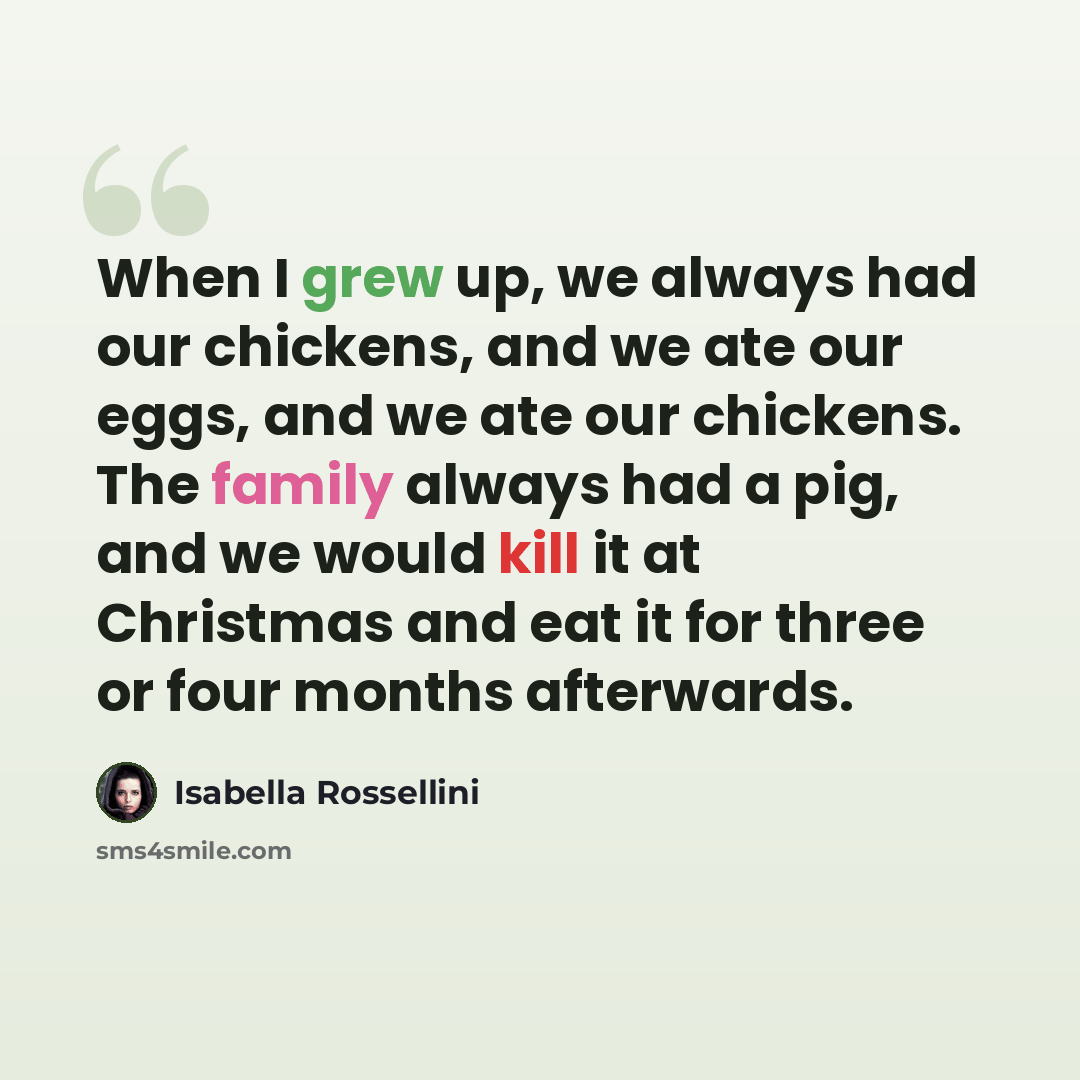 “When I grew up, we always had our chickens, and we ate our eggs, and we ate our chickens. The family always had a pig, and we would kill it at Christmas and eat it for three or four months afterwards.” quote by Isabella Rossellini