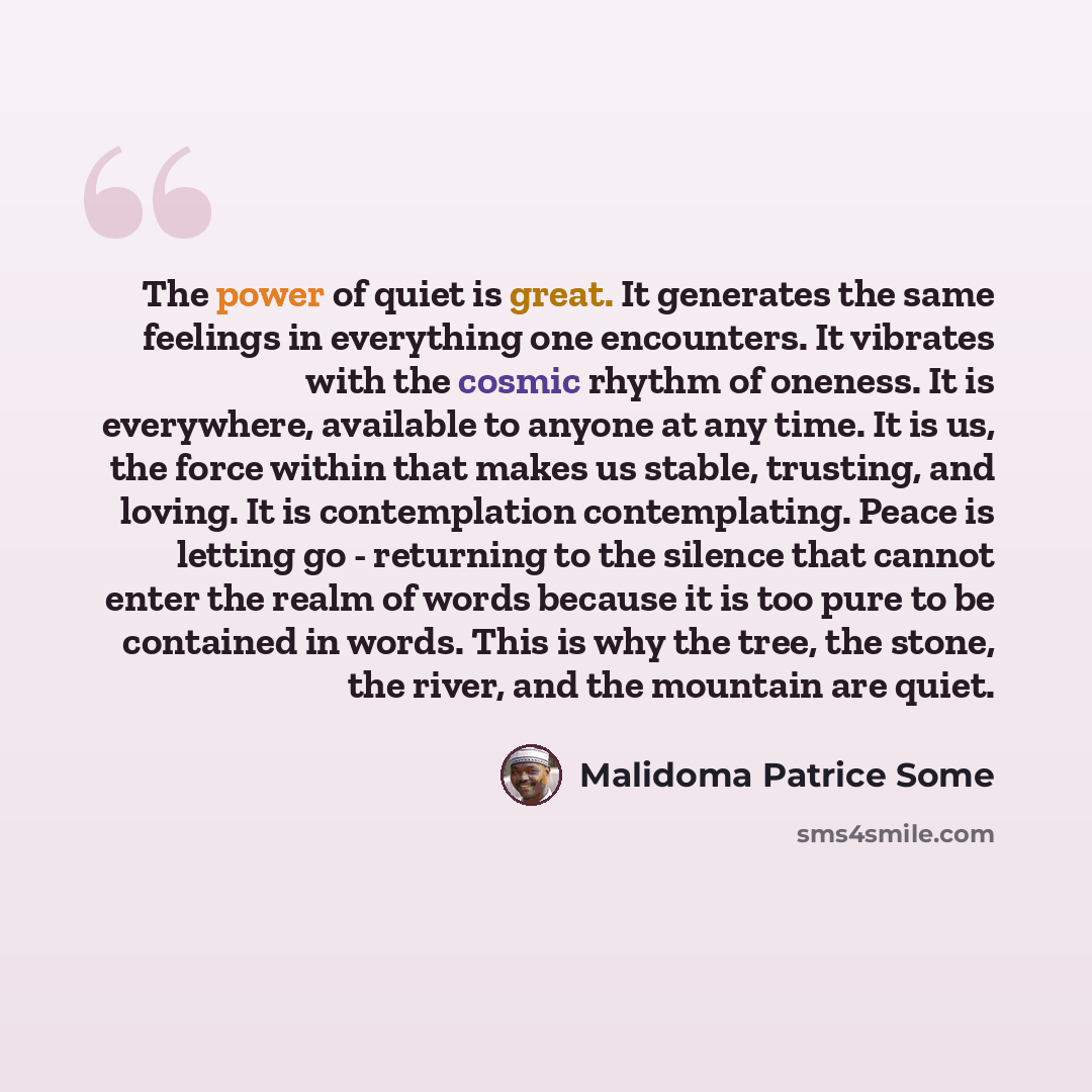“The power of quiet is great. It generates the same feelings in everything one encounters. It vibrates with the cosmic rhythm of oneness. It is everywhere, available to anyone at any time. It is us, the force within that makes us stable, trusting, and loving. It is contemplation contemplating…” quote by Malidoma Patrice Some