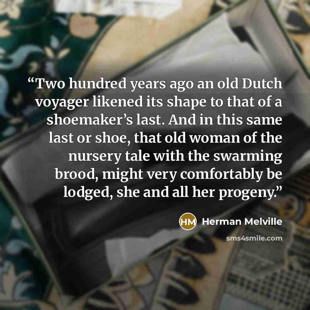 “Two hundred years ago an old Dutch voyager likened its shape to that of a shoemaker’s last. And in this same last or shoe, that old woman of the nursery tale with the swarming brood, might very comfortably be lodged, she and all her progeny.” quote by Herman Melville