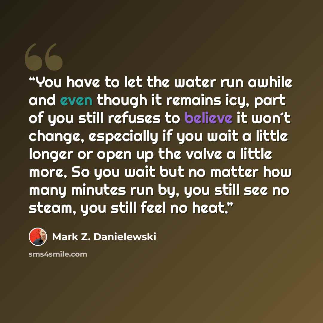 “You have to let the water run awhile and even though it remains icy, part of you still refuses to believe it won´t change, especially if you wait a little longer or open up the valve a little more. So you wait but no matter how many minutes run by, you still see no steam, you still feel no heat.” quote by Mark Z. Danielewski